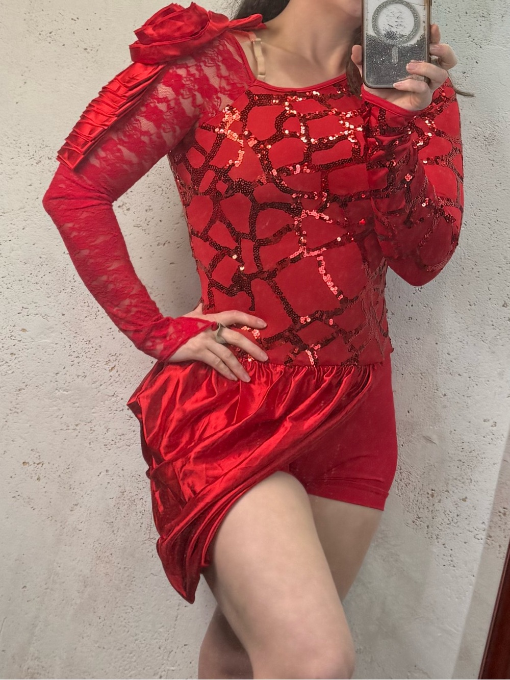 Weissman Red Sequin Lace Sleeve Competition Dance Costume Asymmetrical